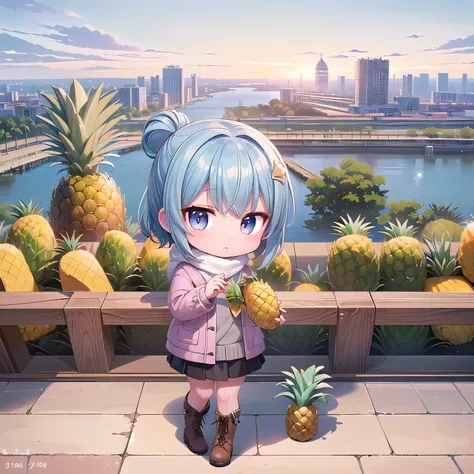 (Chibi, snap shot,Pineapple , Nendoroid ,stand,one girl: 1.5), (Masterpiece, almond-shaped eyes, glossy white-blue hair, short chignon hair, top quality, carefully drawn fingers, beautiful anatomy,  full body : 1.4), (Tasteful Colored pencil hand-drawn pic...