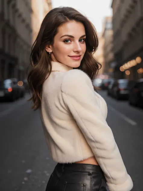 back view, photography of 1 stunning 23 year old girl, brunette hair , standing in the city, wearing crop fur jacket with fur underwear, cute smiling on her face,  portrait picture, looking into camera , medium shot,  spectacular lighting, gorgeous, (deep ...