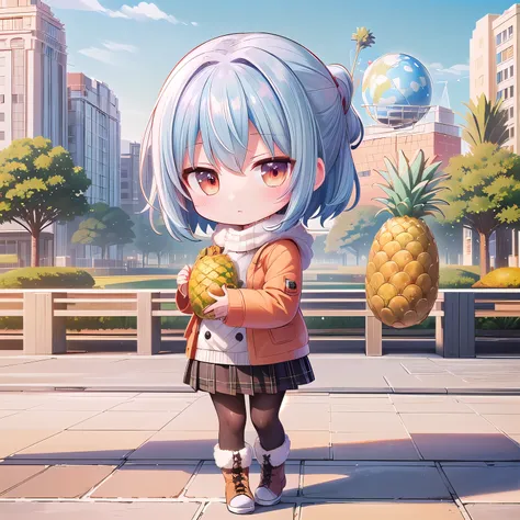 (Chibi, snap shot,Pineapple , Nendoroid ,stand,one girl: 1.5), (Masterpiece, almond-shaped eyes, glossy white-blue hair, short chignon hair, top quality, carefully drawn fingers, beautiful anatomy,  full body : 1.4), (Tasteful Colored pencil hand-drawn pic...