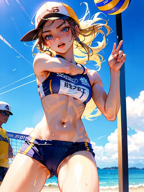 high quality,hd,16k,sharp line,1girl,female field beach volleyball athlete ,cute face, middle breasts, nice legs, sweat,in beach volleyball venue,focus girl,detailed beautiful face,detailed clothes,beautiful eyes,cool,dynamic angle