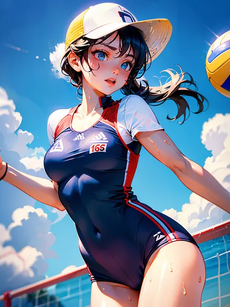 high quality,hd,16k,sharp line,1girl,female field beach volleyball athlete ,cute face, middle breasts, nice legs, sweat,in beach volleyball venue,focus girl,detailed beautiful face,detailed clothes,beautiful eyes,cool,dynamic angle