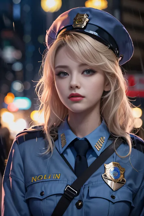 1 female、(american beauty:1.2)、(alone)、(super beautiful)、(beautiful face:1.5)、(detailed face:1.5)、(lipstick:1.1)、(eyeliner:1.2)、mascara、eye shadow、sex appeal、blue eyes、(blonde hair)、wavy hair、asymmetrical bangs、(new york police uniform:1.5)、(wear a uniform...