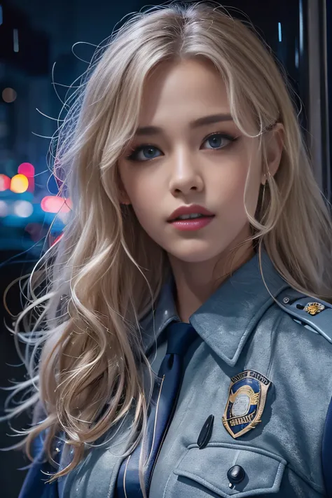 1 female、(american beauty:1.2)、(alone)、(super beautiful)、(beautiful face:1.5)、(detailed face:1.5)、(lipstick:1.1)、(eyeliner:1.2)、mascara、eye shadow、sex appeal、blue eyes、(blonde hair)、wavy hair、asymmetrical bangs、(new york police uniform:1.5)、(wear a uniform...