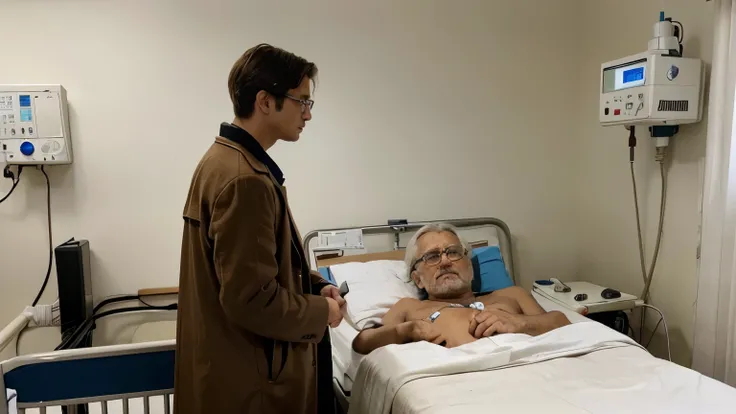 There are only two people in the scene: n young light brown hair man wearing glasses . a brown long coat, standing up side by a hospital bed, looking at an old man with white hair lying on the hospital bed, he nas no glasses, he is connected to various med...