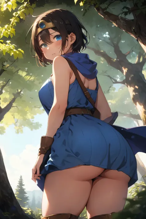 (masterpiece:1.1, Best Quality:1.1, 16K HDR:1.1, High resolution:1.1), (sheathed weapon on back:1.2), roto (DQ3), 1girl in, Solo, Short hair, Brown hair, Blue eyes, ((circlet)), medium breasts, (blue dress:1.5), Purple Cape, ((thick thighs)), elbow groves,...