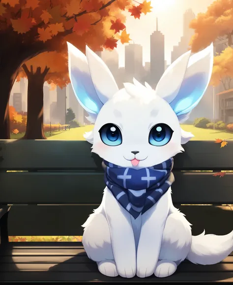 (by Studio Ghibli, by Kemokin Mania, by Rikose, by Tofu Froth), solo (fluffy ori (ori):1.25), (white fur, tail, black eyes), (white hooves, blue pattern scarf, blep:1.25), (sitting on bench, three-quarter portrait, front view:1.25), BREAK, (park, plant, ci...