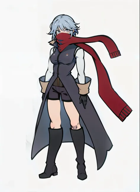 sérieux, personnage d&#39;anime avec une écharpe rouge et des bottes noires, Assassin féminin rouge, tout le corps concept, ( ( art conceptuel des personnages ) ), tout le corps with costume, single character tout le corps, tout le corps!, anime tout le co...