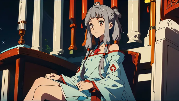 A young China girl , smile with tear, pinky promise, Chinese clothes, hanfu, blue dress, bare shoulders, detached collar, detached sleeves, long sleeves, puffy sleeves, Twintail, ahoge, yellow_eyes, Sitting in the throne , Chinese Palace, Sakura Fall, Leaf...