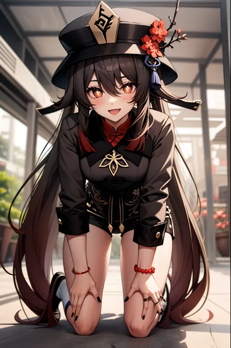 masterpiece, best quality, HuTaoV4, 1girl, solo, looking at viewer, symbol-shaped pupils, flower shaped pupils, blush, smile, open mouth, long sleeves, hat, jewelry, flower, thighs, shorts, socks, nail polish, black headwear, chinese clothes, black shorts,...