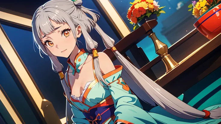 A young China girl , white hair , orange eyes  , smile with tear, pinky promise, Chinese empress clothes, hanfu, blue dress, bare shoulders, detached collar, detached sleeves, long sleeves, puffy sleeves, Twintail, ahoge, yellow_eyes, Sitting in the throne...