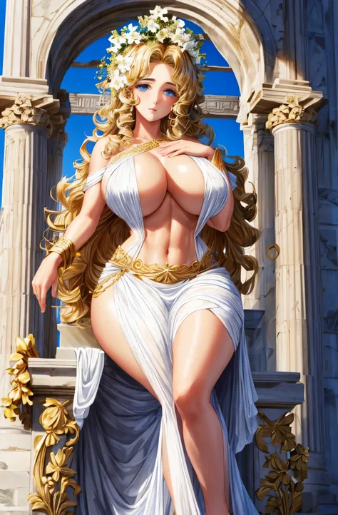 Greek goddess Aphrodite, serious and sexy face, has a face of supernatural beauty and short curly blonde hair decorated with flowers, as well as blue eyes. (perfect anatomy) , (perfect eyes) Her figure is extremely voluptuous, Gigantic breasts, Heavy breas...