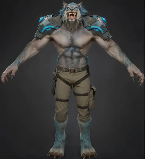 (masterpiece),(best quality:1.0),(ultra high resolution:1.0),monster, werewolf, menacing look,claws, fangs, blue eyes , hair on the body, torn pants, camel color pants, hair on legs, sky blue hair, wolfteam, face focus, 8k wallpaper, full body