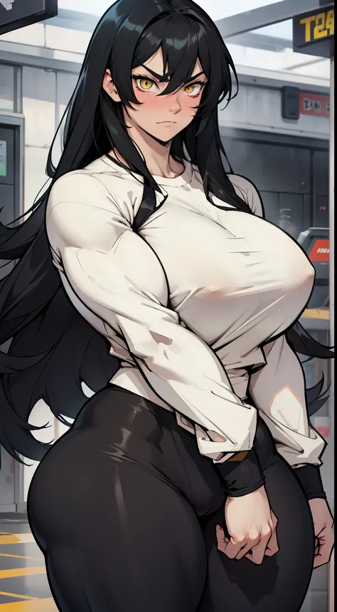 1girl solo black hair yellow eyes very long hair pale skin muscular muscular muscular muscular toned body huge muscles thick thighs girl tight clothes angry blushing messy hair leggings tight shirt long sleeves thick thick thick thick thick thick