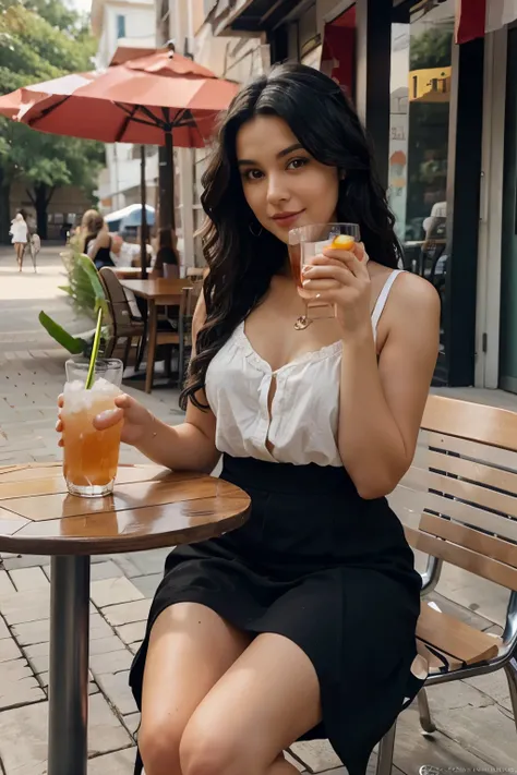 beautiful wavy black haired woman sitting at the table outside with a drink in her hand 