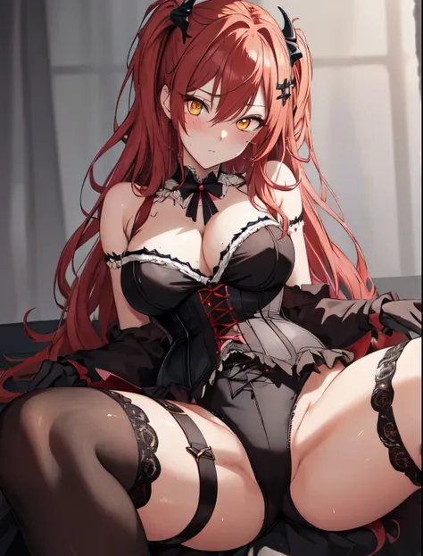 Masterpiece, animerealistic, Top quality, Ultra high definition, Maximum resolution, Very detailed, Professional lighting, kabedon pov, looking at viewer, smug, glowing eyes, One girl, she’s a female oni, devilish girl, she has light red hair, gothic demon...