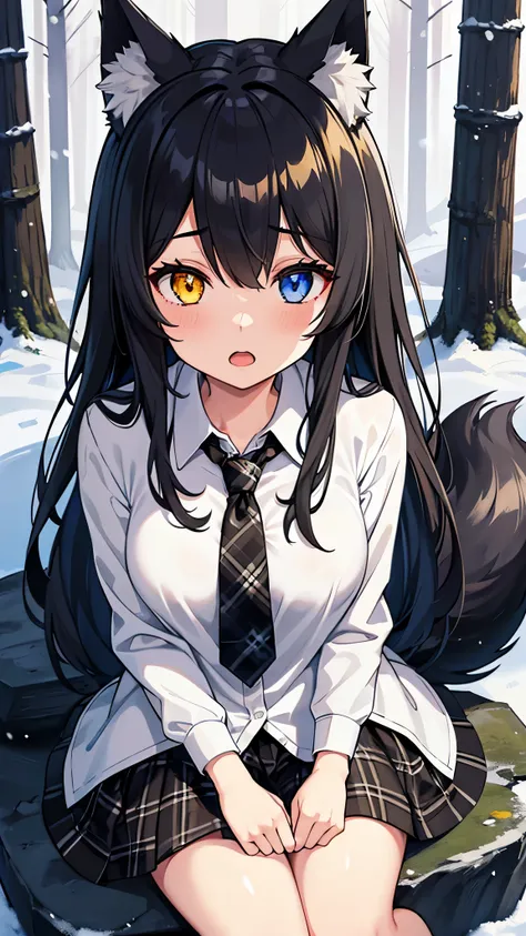 1girl, (wolf girl), black hair, black clothing, tie, plaid shirt, (snowing), tail, heterochromia, blue eye, yellow eye, long hair, (snowing forest background), (shaggy hair), sitting on a rock, pine trees, open mouth,