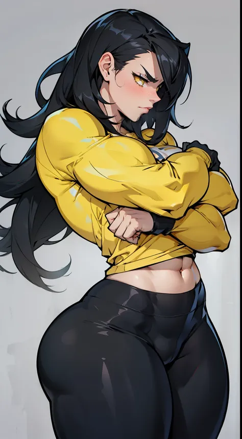 1girl solo black hair yellow eyes very long hair pale skin muscular muscular muscular muscular toned body huge muscles thick thighs girl tight clothes angry blushing messy hair leggings tight shirt long sleeves thick thick thick thick thick thick