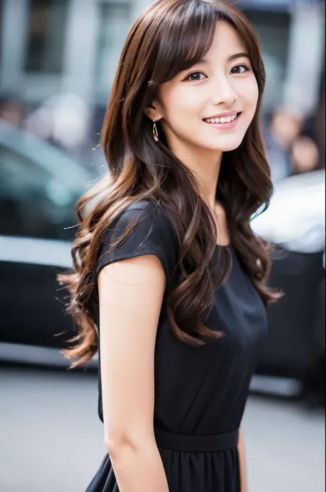 ((Best quality, 8k, Masterpiece :1.3)), 1girl, smiling, full body, slim face, Pretty woman, (Dark brown hair), full length dress :1.1, Ultra-detailed face, Detailed eyes, Double eyelid, blur background, slim face, city, outside, street,