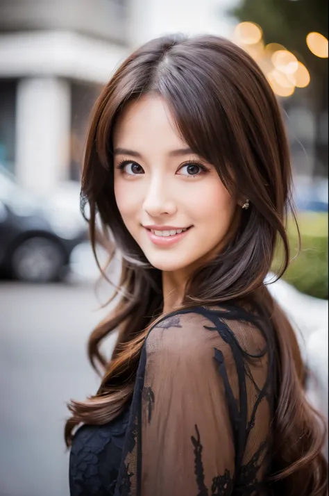 ((best quality, 8k, masterpiece :1.3)), 1girl, smiling, full body, slim face, pretty woman, (dark brown hair), full length dress...