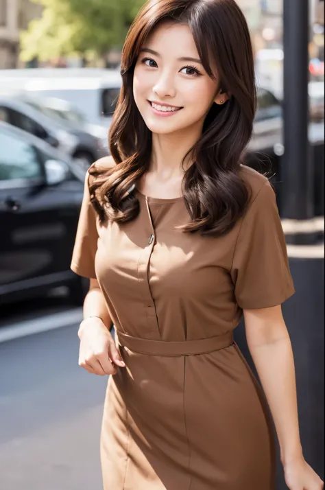 ((Best quality, 8k, Masterpiece :1.3)), 1girl, smiling, full body, slim face, Pretty woman, (Dark brown hair), full length dress :1.1, Ultra-detailed face, Detailed eyes, Double eyelid, blur background, slim face, city, outside, street,