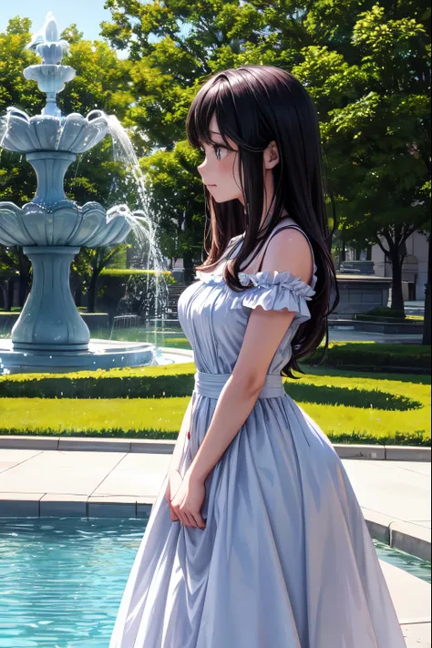 An Instagram screenshot-like image capturing an emotional scene of a cosplayer girl in a park with a fountain, with a shy expression on her face.