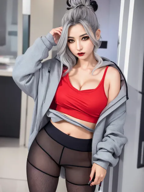 gray hair, up hairstyle, facial hair stripes, red eyes, mascara, oversized hoodie, Mid-abdomen, hot pants, tights, eye bag, saggy breasts, impact, Goth girlfriend, surrealism, original photo, 8K, masterpiece,