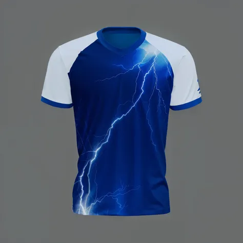 a close-up of a blue and white shirt with a lightning effect, realistic lightning, with lightning bolts, Design de camisa, lightning fantasy magic, electricity lightning, crackling blue lightning, um raio de ponto, wearing a volleyball jersey, blue indygo ...