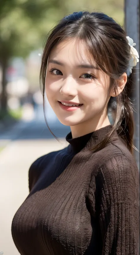 (highest quality,masterpiece:1.3,ultra high resolution),(Super detailed,caustics,8K),(realistic:1.4,RAW shooting),(Self snap:1.1),street,24-years-old,cute,Japanese,Natural brown low ponytail,best smile,big ,long sleeve knit dress,bust up shot,Natural light