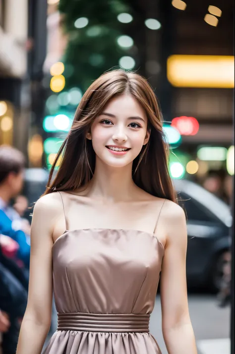 ((Best quality, 8k, Masterpiece :1.3)), 1girl, smiling, full body, slim face, Pretty woman, (Dark brown hair), full length dress :1.1, Ultra-detailed face, Detailed eyes, Double eyelid, blur background, slim face, city, outside, street,