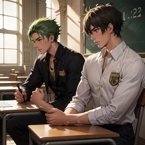 de perfil , There are two handsome 15-year-old boys sitting at school, but it is a school in ancient Egypt. They see someone approaching. One of them has green hair and the other has black hair with brown highlights.