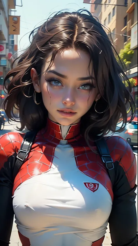 Masterpiece, HD, detalhes detalhados, mulher bonita detalhou o corpo definido usando a aranha-Roleplay do homem, Peitos grandes, sorrir, delicate facial features, rosto perfeito, pele clara, Garota nua cabelo curto, ruas cidade