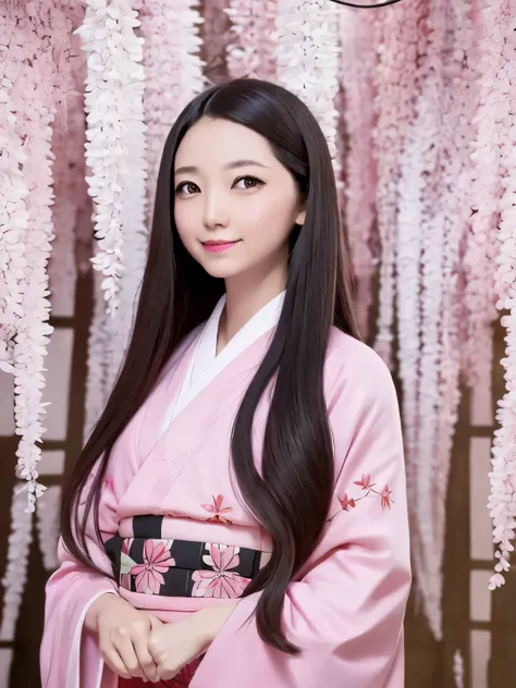 masterpiece, (pink kimono), fascinating face, good lighting, low cut, small details, masterpiece, shining eyes, 1 girl, black hair, gag, bamboo, Demon Kamado Nezuko, wisteria background, masterpiece, highest quality, throw, whole body, wide hips,