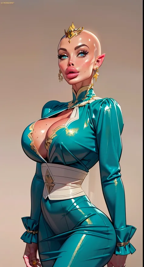 (((1girl:1.8))), ((tunic:1.5)) sehele style, ((gold color palette)), anime style, (((dark elf))) (((blue skin:1.5))) (((smoldering eyes))), ((bald:1.5)), ((no hair:1.5)), 8k, 4k, Unreal Engine 5, octane render, trending on pixiv, ((golden crown:1.7)) (nave...