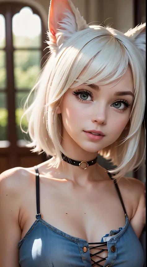 (Masterpice), (HD), (Detailed) ,( piece of art), blonde haired woman in white top and bunny ears posing for camera, very beautiful cute catgirl, beautiful young catgirl, white cat girl, perfect white haired girl, her hair is white, she has a cute face, att...