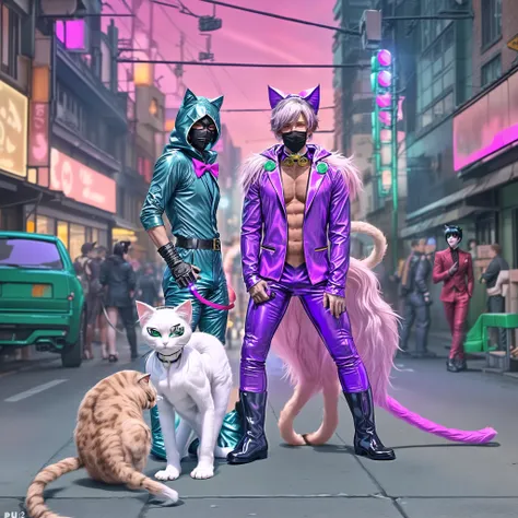 Photo-realistic image. Two human men stand in the middle-ground, wearing boots. They have human faces. They wear face masks that reveal their mouths and eyes. Cat-man is wearing a white costume with a big pink C badge on his chest. He stands next to Kitty-...