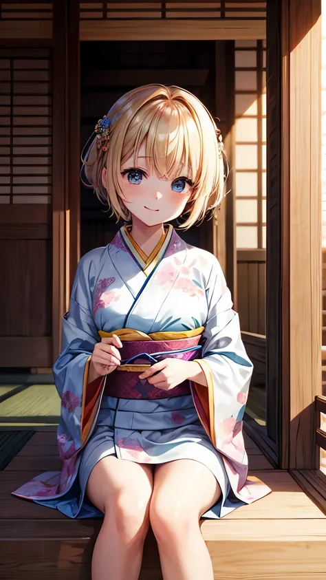 Best Quality、、Very cute、glad looking face、short-hair、Golden head hair、shrines、I want to blush、Staring at this、winc、Kimono、胸の谷間