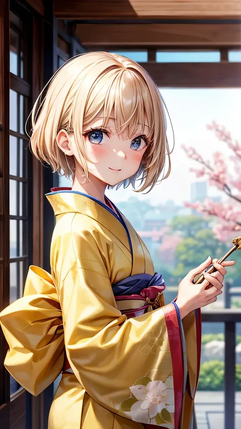 Best Quality、、Very cute、glad looking face、short-hair、Golden head hair、shrines、I want to blush、Staring at this、winc、Kimono、胸の谷間