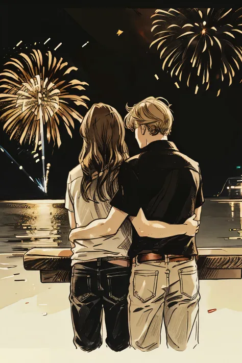 two men - one of them with long brown hair and other with short blonde hair -  looking to the fireworks sketch style no color and no face