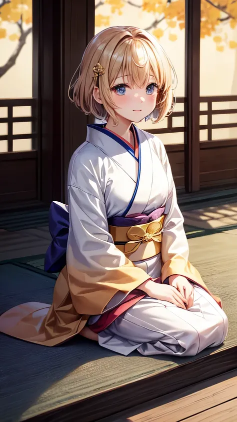 Best Quality、、Very cute、glad looking face、short-hair、Golden head hair、shrines、I want to blush、Staring at this、winc、Kimono、胸の谷間