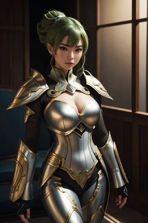 Uma guerreira japonesa encantadora, dona de uma figura esculpida, cabelos longos e olhos verdes penetrantes. Dressed in futuristic armor that harmonizes tradition and elegance, she displays confidence by highlighting her skills in an engaging 3D setting. T...