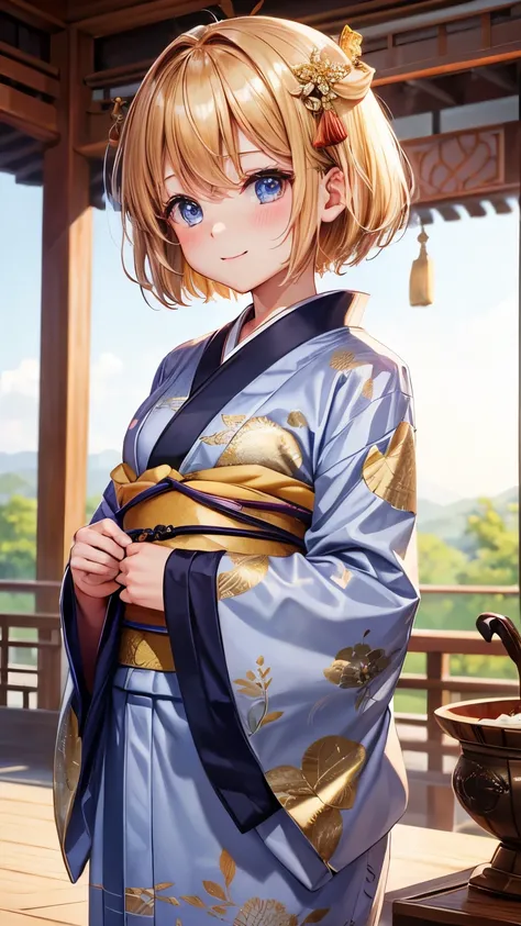 Best Quality、、Very cute、glad looking face、short-hair、Golden head hair、shrines、I want to blush、Staring at this、winc、Kimono、胸の谷間