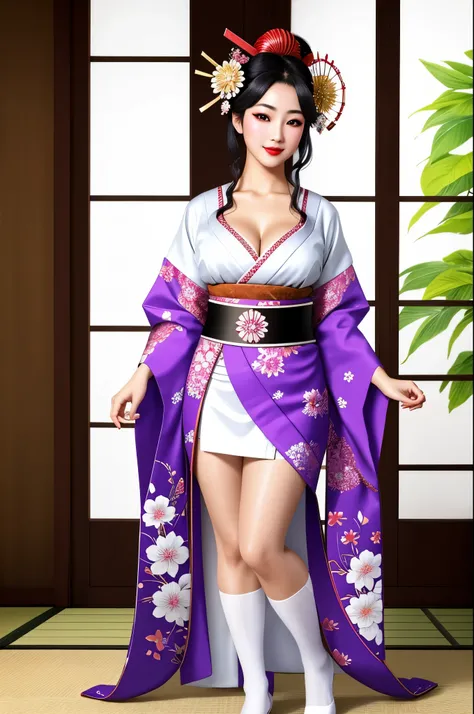 detailed realistic image of 1 young divine and gorgeously decorated oiran, (full body shot:1.5), traditional japanese beauty, light purple-blue-green-pink-white sexual kimono with highly detailed traditional pattern, traditional intricate geisha hairstyle,...