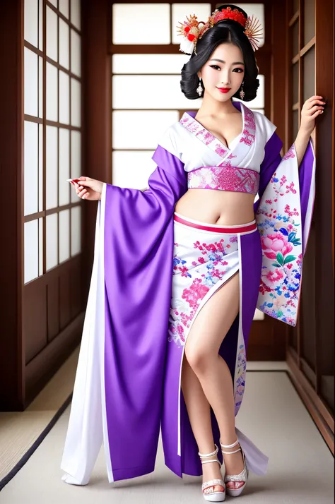 detailed realistic image of 1 young divine and gorgeously decorated oiran, (full body shot:1.5), traditional japanese beauty, light purple-blue-green-pink-white sexual kimono with highly detailed traditional pattern, traditional intricate geisha hairstyle,...