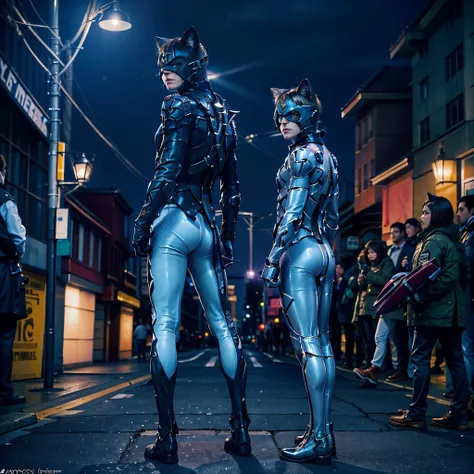 Photo-realistic image. 8k, sharp focus, hyper-realism, magic realism. Highly detailed costumes. Two superheroes stand in the middle-ground, wearing boots. They have human faces. They wear hero masks that show their mouths and eyes. They wear cat ears. Cat-...