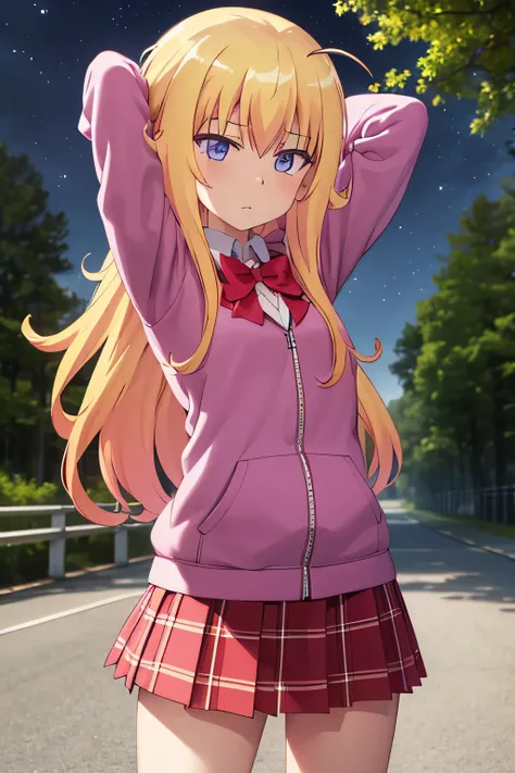 (extremely detailed CG unity 8k wallpaper), (masterpiece), (best quality), (ultra-detailed), (best illustration), (best shadow), (absurdres), 1girl, solo, gabriel white tenma, messy hair, ahoge, school uniform, red bow, plaid skirt, pink hoodie, arms behin...