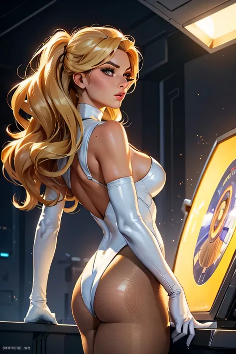 melhor qualidade, 8k, woman retro superhero futurism, rosto lindo e detalhado, big eyelashes,standing, virado para longe do observador, cabelos dourados, long eyelashes, collant branco claro brilhante, decote, metallic details, light tan pantyhose, luvas p...