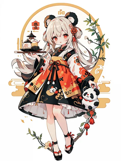 digital art, masterpiece, 最high quality, super detailed, high quality, 4K, cute girl, Chinese style, Chinese steamed buns, panda, China dress,