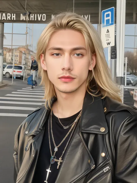 blond man con cabello largo wearing a black leather jacket and cross necklace, young and handsome roma pale, con pelo largo y rubio, taken in the early 2020s, contraction serpentine / jugador ludwig, andrei riabovitchevich, Alexey Gurylev, con cabello larg...