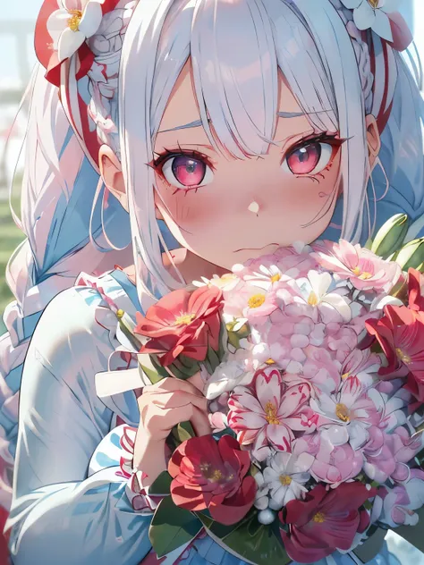 ((silver hair)),((pink eyes)),((Braided long hair)),((With bangs)),((fashion//Feminine red, white and light blue costume:1.3)),((holding a large colorful bouquet)),((lots of flowers:1.35)),(blush),((Worried face:1.2)),(close up of face:1.3),((celebration))...