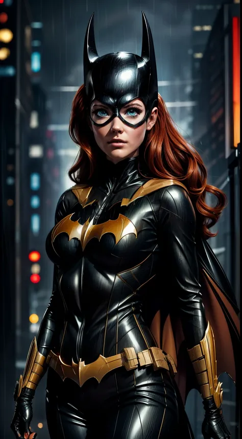 barbara gordon, anime, beauty, batgirl clothes, batgirl cosplay, wind effect, full body photo, prominent figure, standing on the...